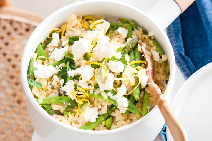 Cooking Meat Asparagus, snow pea and lemon risoni