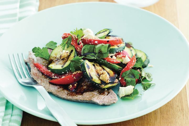 Cooking Meat Balsamic veal with zucchini, capsicum and feta salad