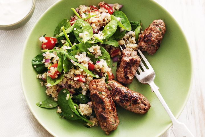 Cooking Meat Beef kofta with tomato and mint quinoa salad