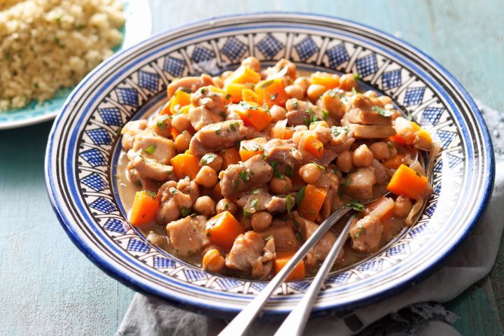 Cooking Meat Braised Moroccan chicken with chickpeas