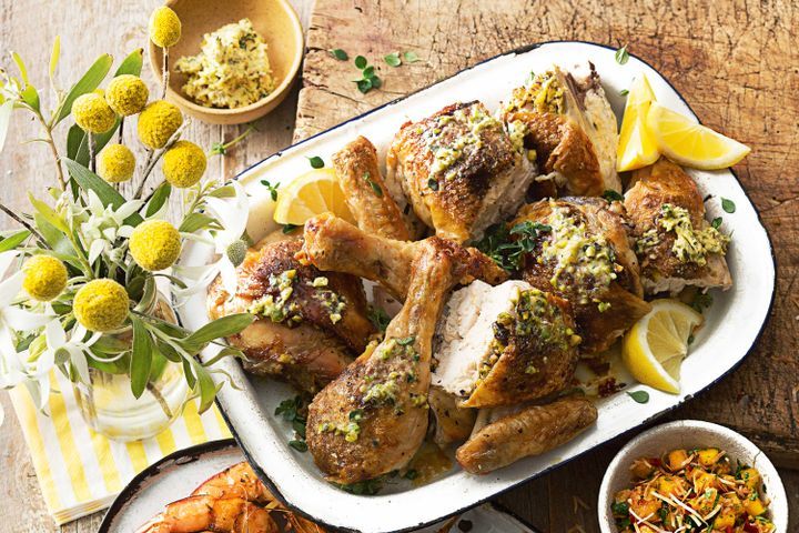 Cooking Meat Butterflied chicken with pistachio butter