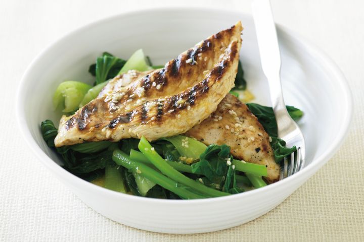 Cooking Meat Chargrilled citrus chicken with sesame and asian greens