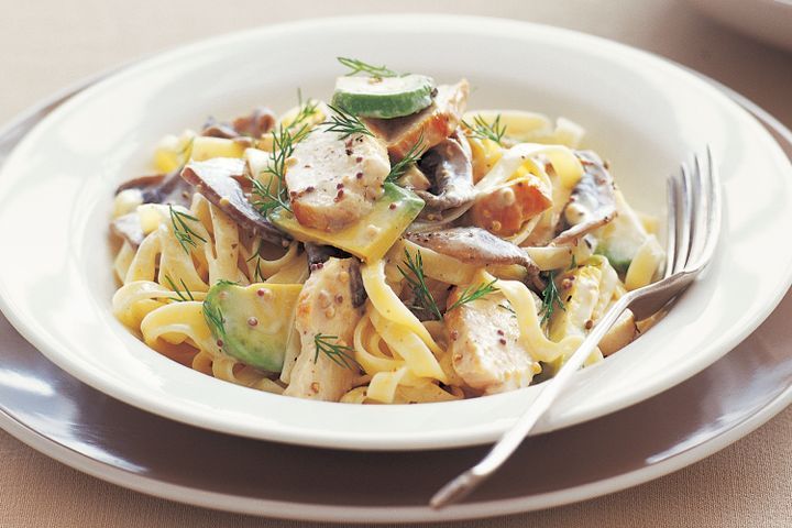 Cooking Meat Chicken, mushroom and avocado fettuccine