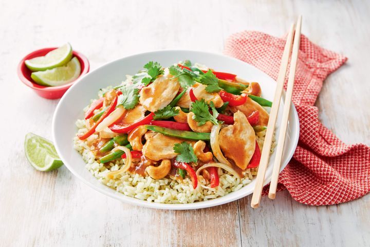 Cooking Meat Chicken and cashew stir-fry with Thai rice