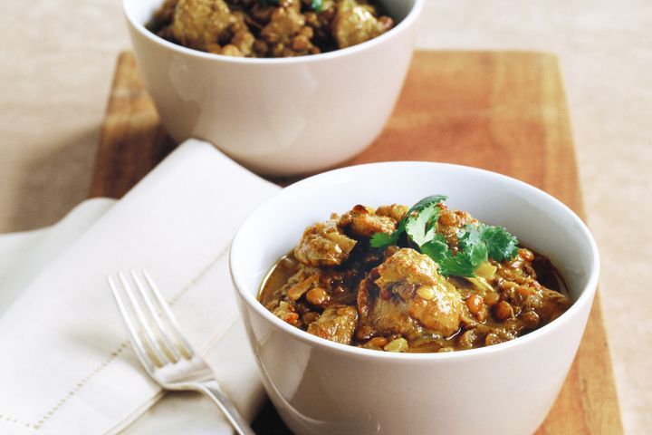 Cooking Meat Chicken and lentil korma