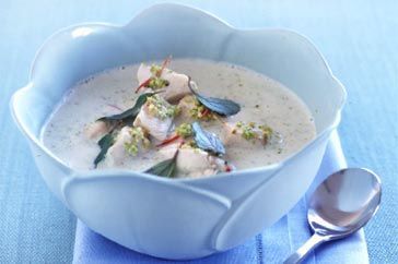 Cooking Meat Chicken and pistachio coconut broth