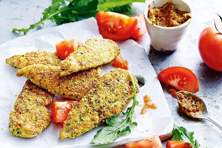 Cooking Meat Chicken quinoa schnitzels with sun-dried tomato pesto