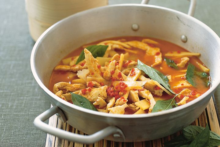 Cooking Meat Chicken red curry with bamboo shoots