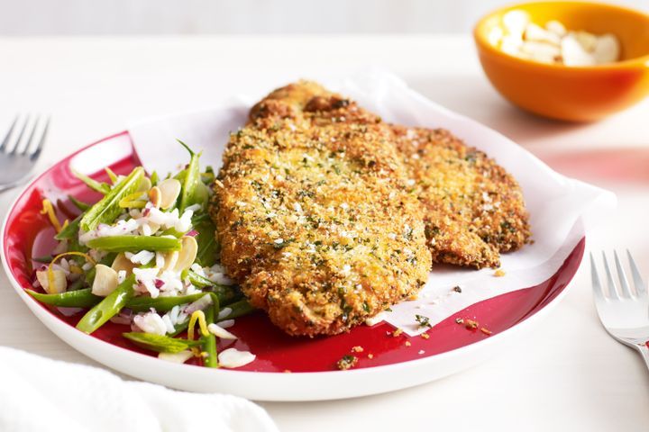 Cooking Meat Chicken schnitzels with green bean and rice salad