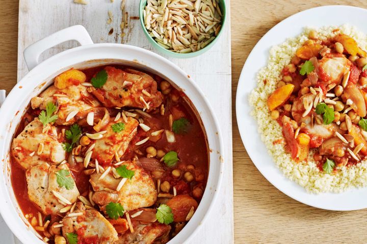 Cooking Meat Chicken tagine with apricots and chickpeas