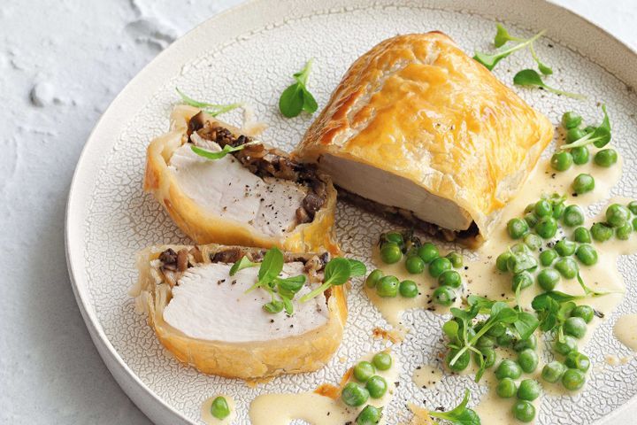 Cooking Meat Chicken wellingtons with creamy pea sauce