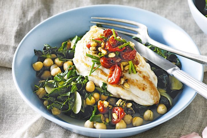 Cooking Meat Chicken with silverbeet and balsamic tomato salsa