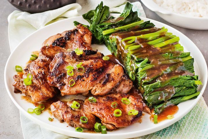 Cooking Meat Chinese broccoli with oyster sauce and marinated chicken