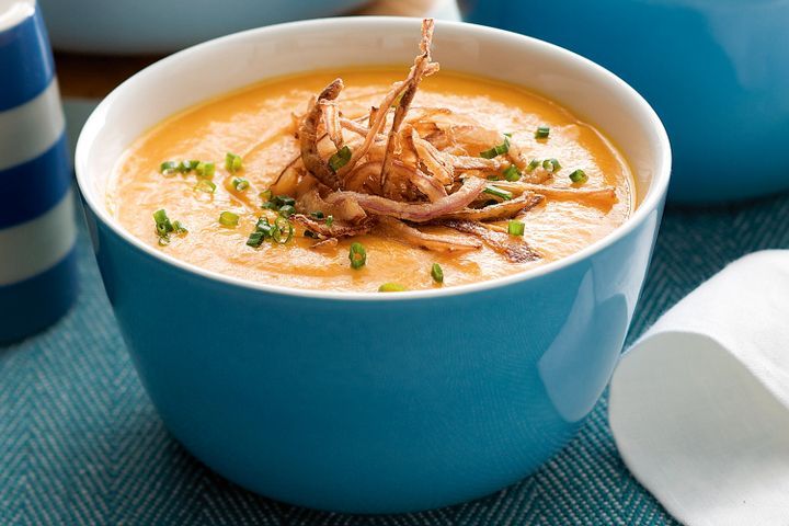 Cooking Meat Creamy carrot and cauliflower soup with onion croutons