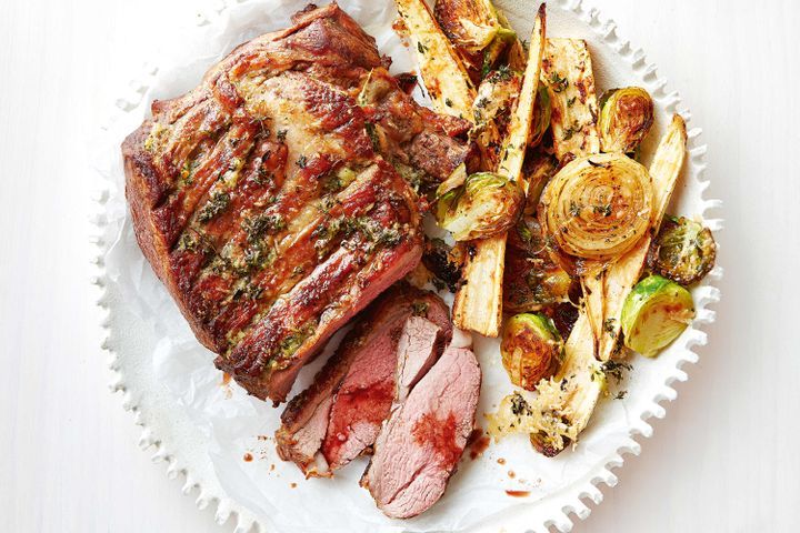 Cooking Meat Crying leg of lamb with parsnips and sprouts