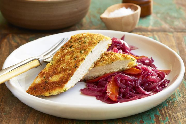 Cooking Meat Curtis’ parsley crusted chicken schnitzel with sweet and sour cabbage