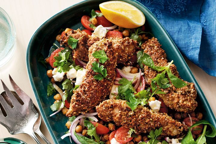 Cooking Meat Dukkah-crusted chicken and roast chickpea salad