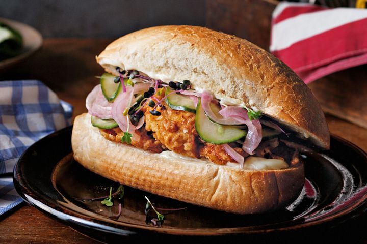 Cooking Meat Fried chicken sandwiches with homemade pickles