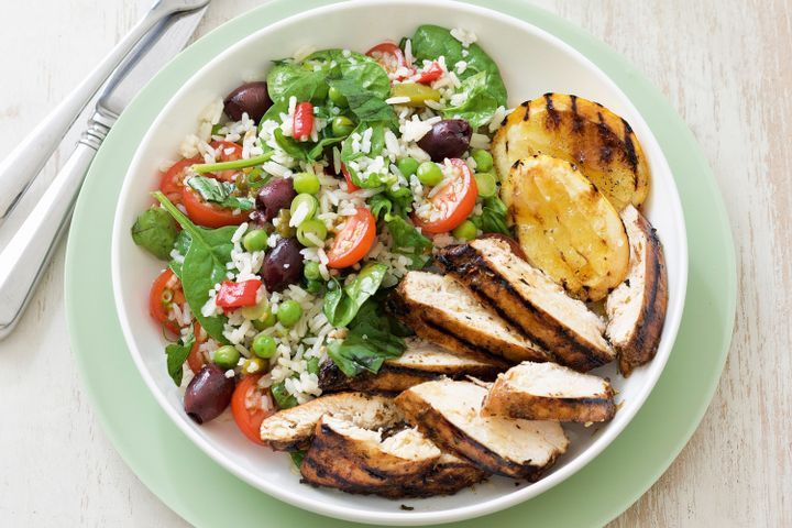 Cooking Meat Grilled balsamic chicken with rice salad