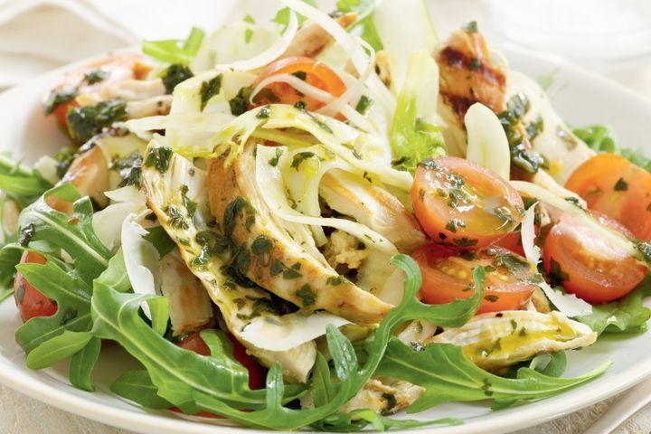 Cooking Meat Grilled basil chicken, fennel and rocket salad