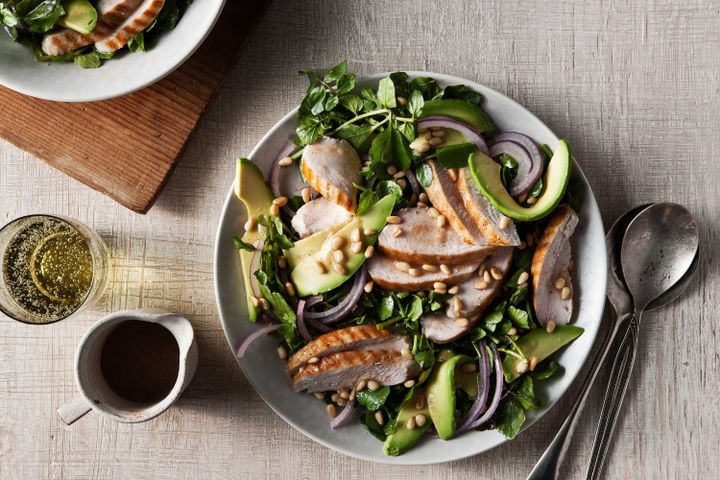 Cooking Meat Grilled chicken, avocado and watercress salad