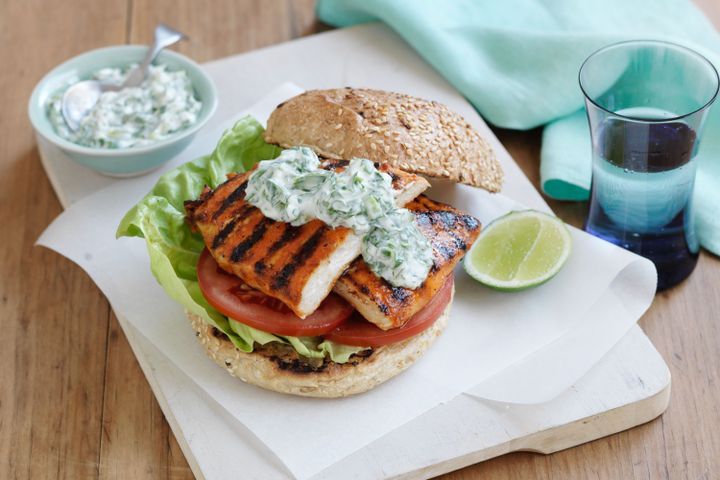 Cooking Meat Honey chilli chicken burger with coriander sauce