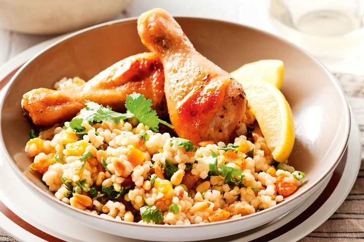 Cooking Meat Honeyed chicken drumsticks with pearl couscous