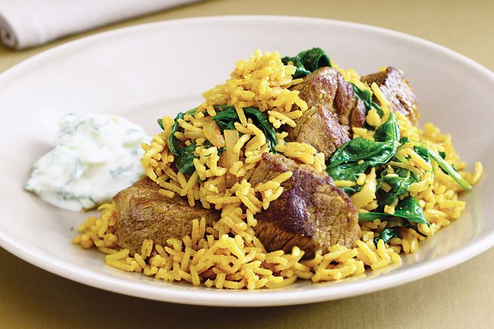Cooking Meat Lamb and spinach pilaf
