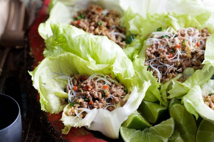 Cooking Meat Lemongrass and chilli larb with noodles
