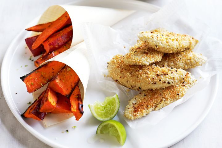 Cooking Meat Low-fat sesame chicken with lime and pepper wedges