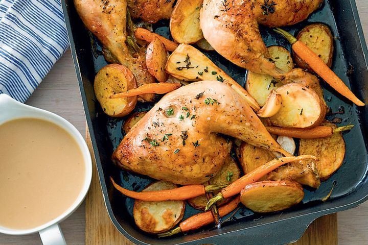 Cooking Meat Midweek roast dinner with garlic gravy