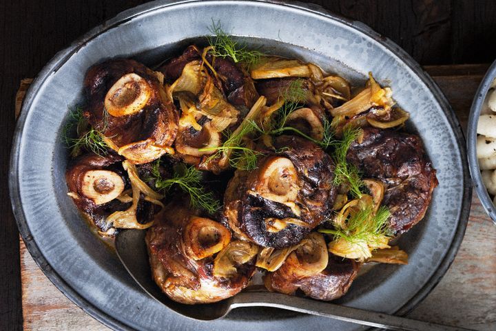 Cooking Meat Ossobuco with verjuice, fennel & saffron