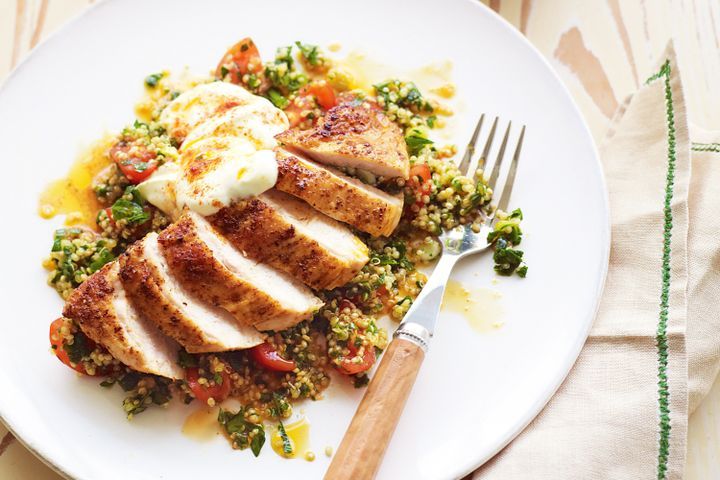 Cooking Meat Paprika chicken with quinoa tabbouleh