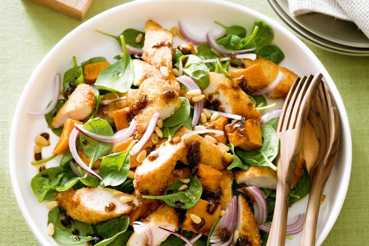 Cooking Meat Parmesan-crusted chicken with roast pumpkin salad