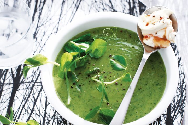 Cooking Meat Pea & pea shoot soup with coriander and sweet chilli cream