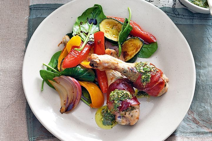 Cooking Meat Pesto chicken with chargrilled vegetable salad