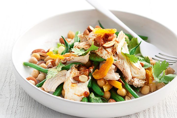 Cooking Meat Poached chicken, apricot and chickpea salad