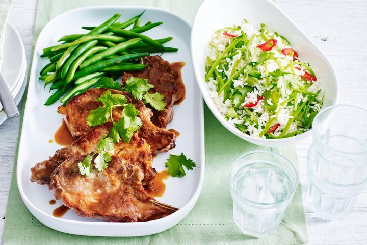 Cooking Meat Pork chops with apple and ginger sauce