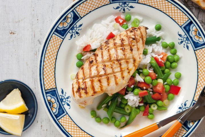 Cooking Meat Portuguese-style chicken with rice & green bean salad