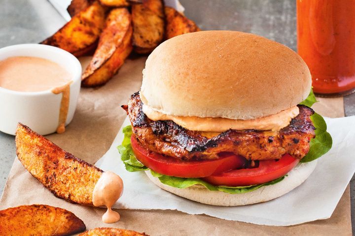 Cooking Meat Portuguese peri peri chicken burgers with potato wedges