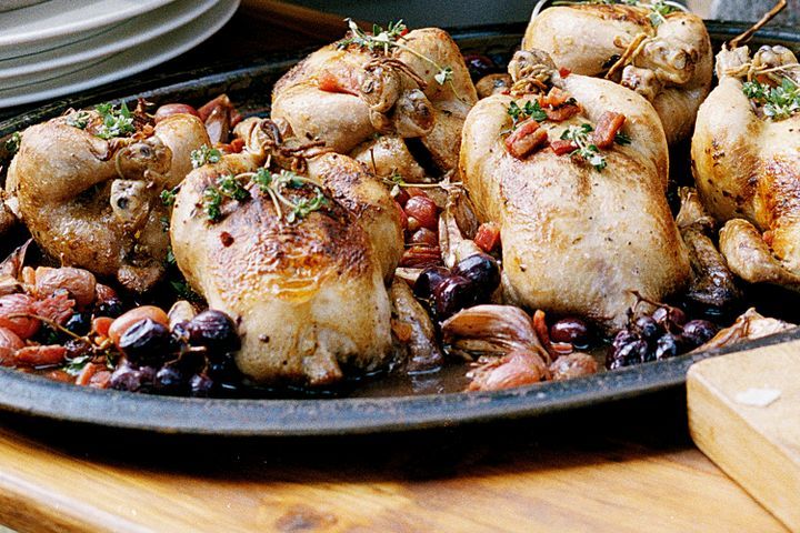 Cooking Meat Pot-roasted poussin with pinot, garlic and grapes