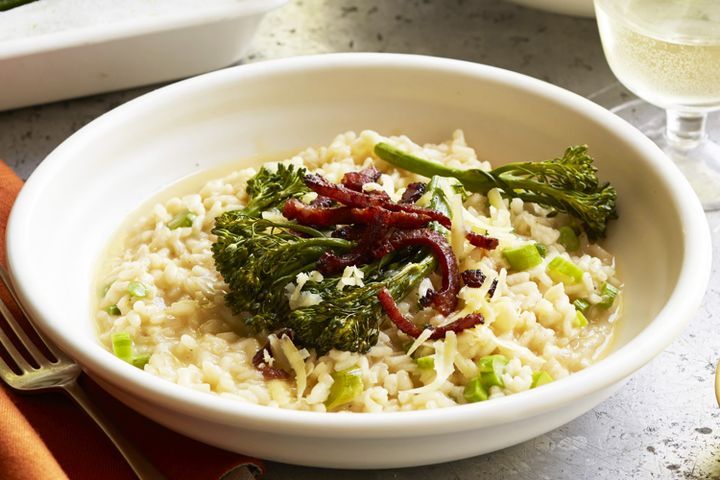 Cooking Meat Risotto with roasted baby broccoli and crispy chorizo