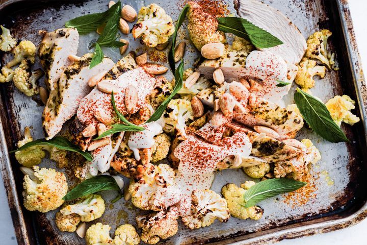 Cooking Meat Roast chicken with cauliflower and tahini