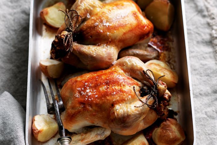 Cooking Meat Roast chicken with prune and walnut stuffing