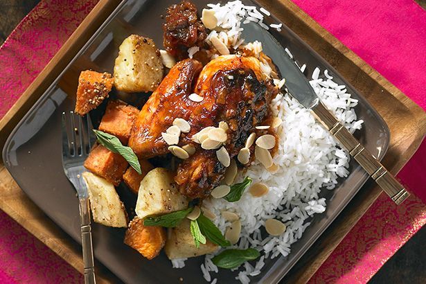 Cooking Meat Roasted butter chicken with spicy roast vegetables