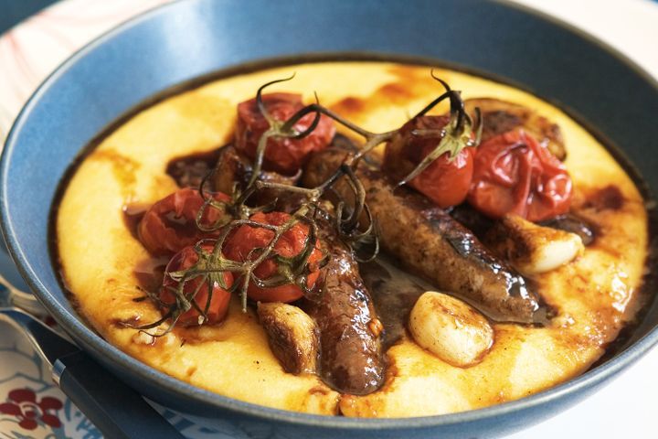 Cooking Meat Roasted chipolatas with creamy polenta