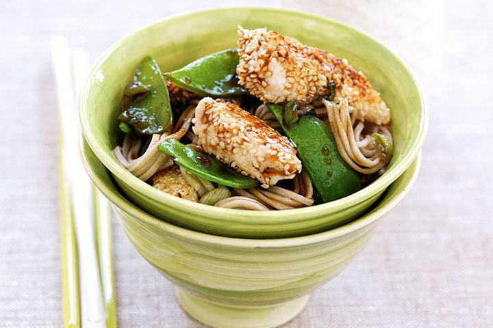 Cooking Meat Sesame chicken with soba noodles