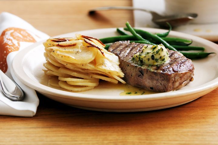 Cooking Meat Sirloin steaks with boulangere potatoes
