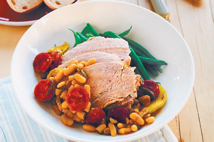 Cooking Meat Slow-cooked pork with chorizo and whitebeans