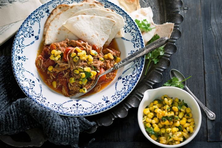 Cooking Meat Slow-cooker Mexican pork chilli with pickled corn salsa